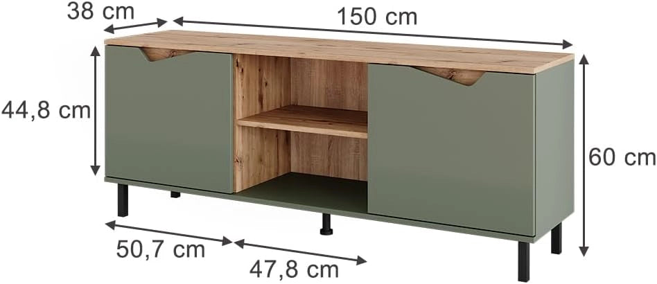 Mobile tv Marelle, Verde/Artigianale, 150 x 60 cm con 2 porte, adatto all'uso come mobile TV o mobile multimediale