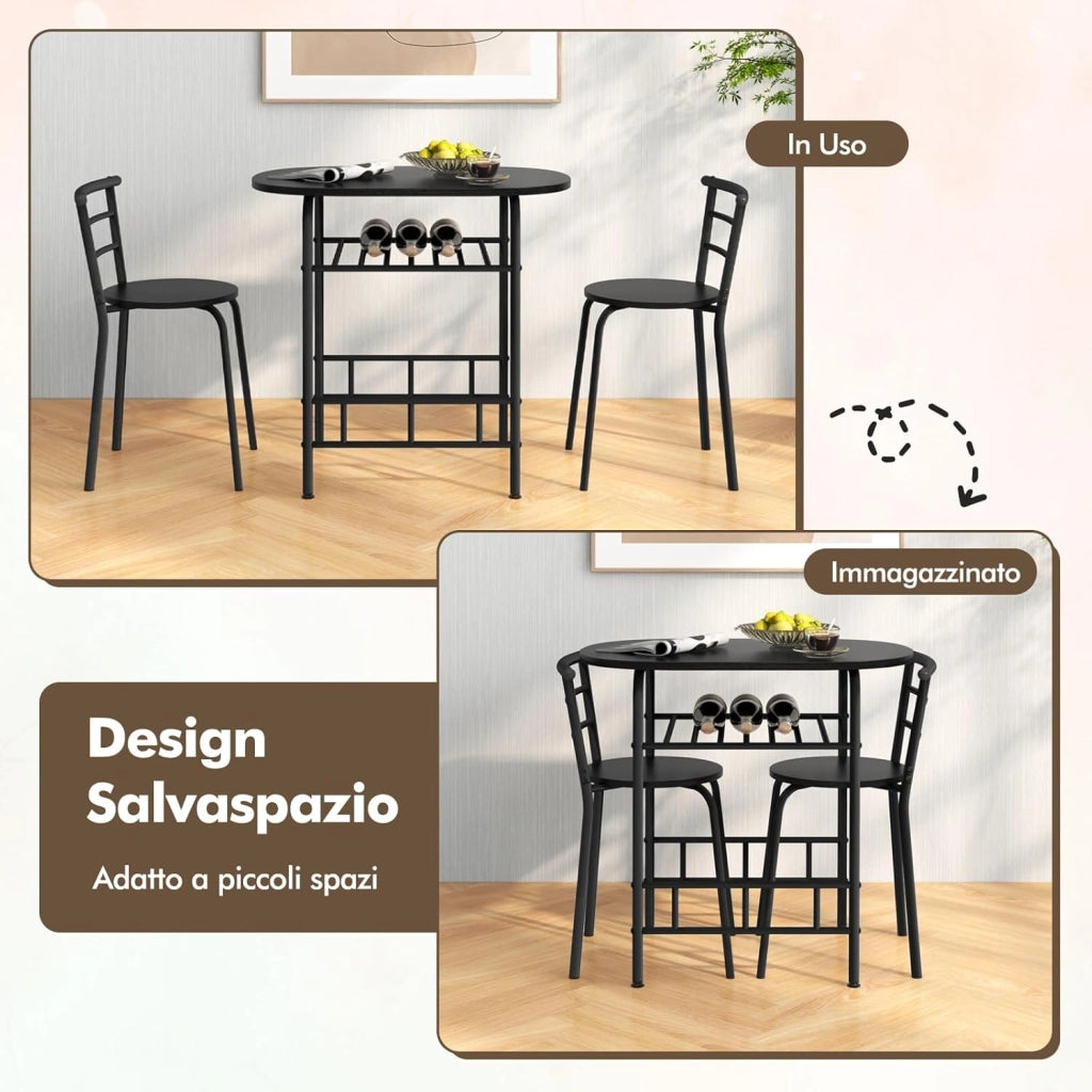 Tavolo da Pranzo con Sedie, Tavolo da Bar con Ripiano e 2 Sedie, Set Mobili da Bar per Sala da Pranzo, Balcone, in Legno e Metallo, Sedia Portata 150 kg (Nero)