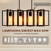 Lampadario a Sospensione Rustico 80x21x90-130 cm con 4 Cornici Girevoli e Catena Regolabile Nero e Marrone