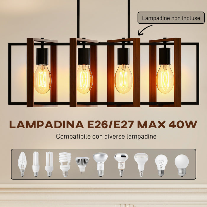 Lampadario a Sospensione Rustico 80x21x90-130 cm con 4 Cornici Girevoli e Catena Regolabile Nero e Marrone