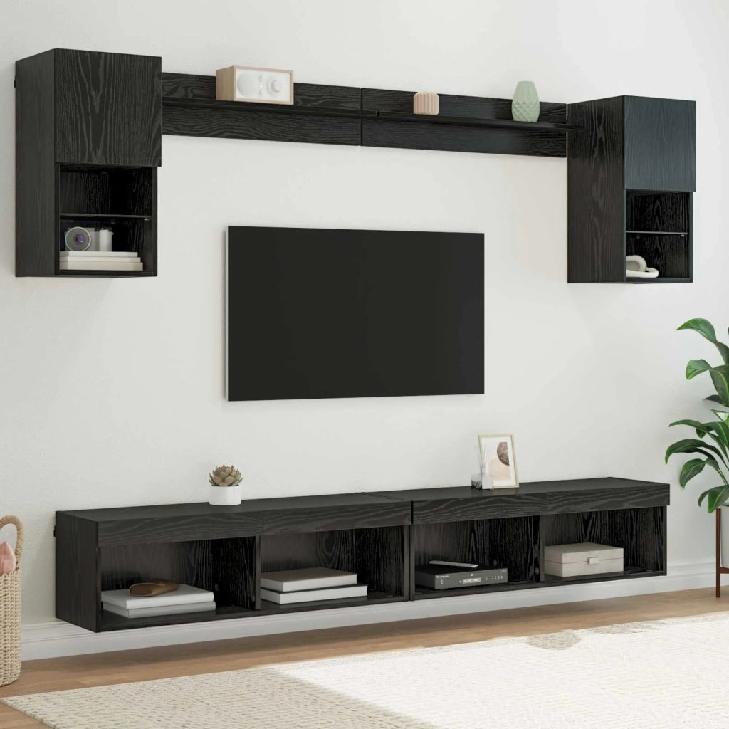 Unità a muro per TV con LED 6 pcs Rovere Nero Legno multistrato