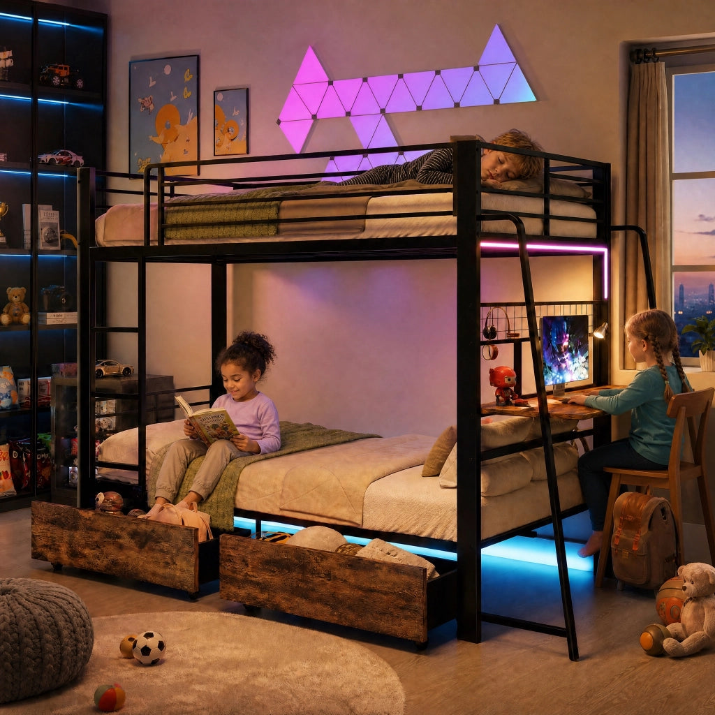 Letto a soppalco 140 × 200 cm con scrivania, 2 cassetti, LED RGB, presa USB e Type-C, senza materasso, nero