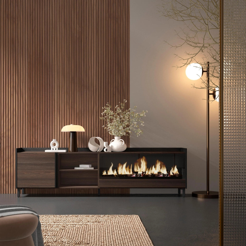 Mobile TV Soggiorno, 212x61x35 cm, Per TV fino a 80", Camino elettrico XXL, Design industriale, Rovere scuro e Nero