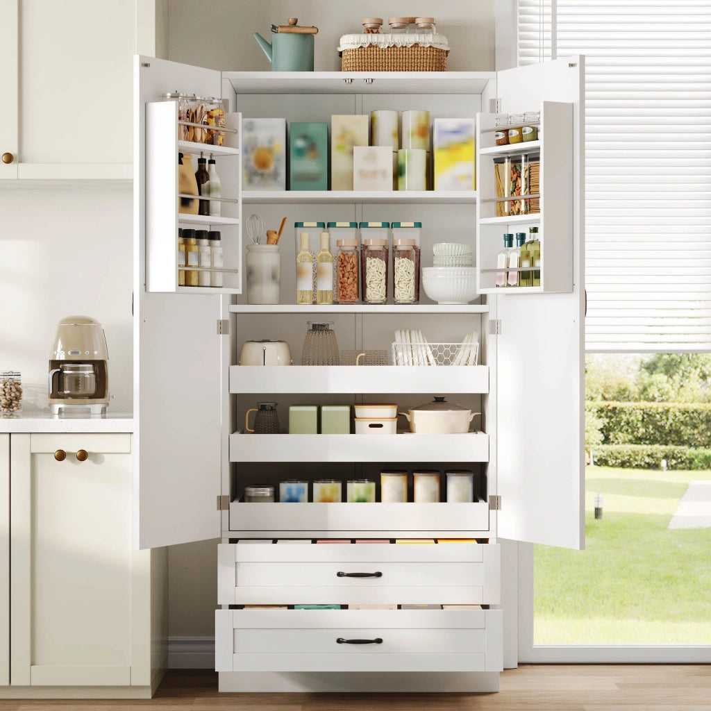 ARMADIO DISPENSA ALTO 180x80x37,5 cm MDF Bianco 3 ripiani estraibili 2 cassetti