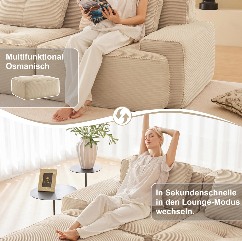 Divano modulare Cloud in velluto a coste beige con seduta profonda e design senza braccioli, 2 posti