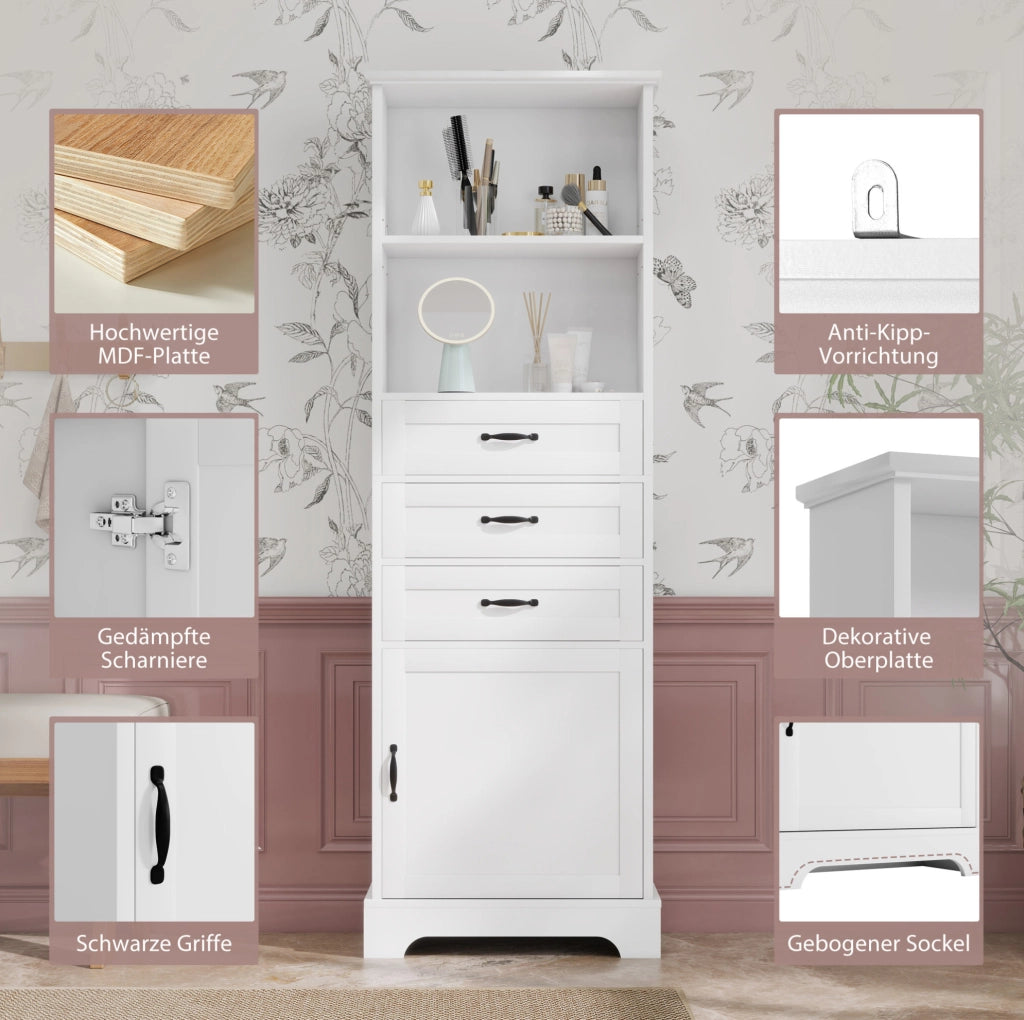 Mobile da bagno in MDF bianco con cassetti e vani aperti