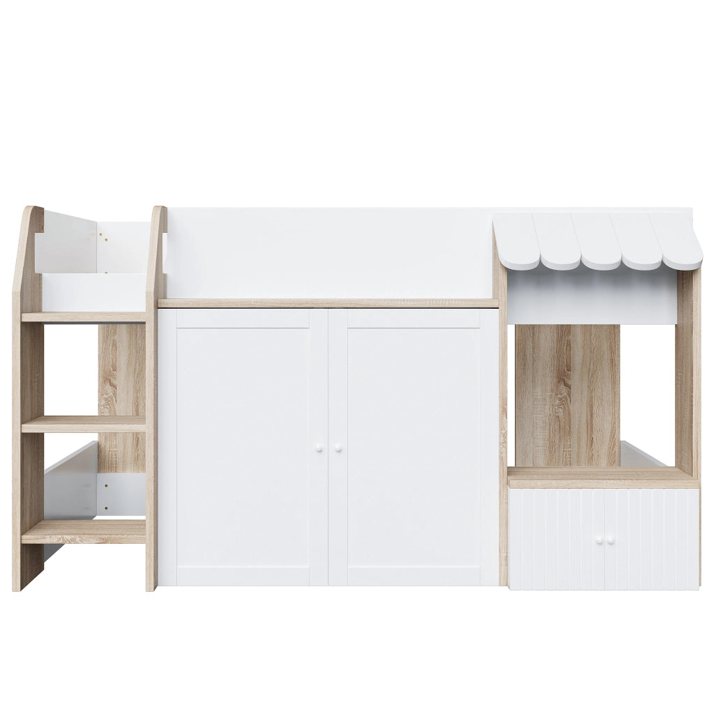 DESMIU Letto a soppalco per bambini 1 posto con scala larga, vano contenitore e ripiani 90 × 200 cm, senza materasso