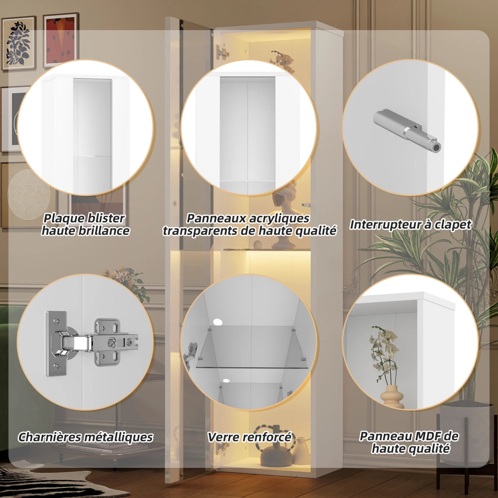 Vetrina con 1 Anta; 4 Ripiani; Pannello Trasparente e LED regolabile per Soggiorno in Truciolare 40 × 29 × 170 cm Bianco