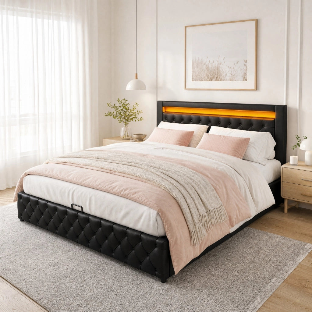 Letto matrimoniale 140x190 cm imbottito con contenitore; LED; rete a doghe; PU nero