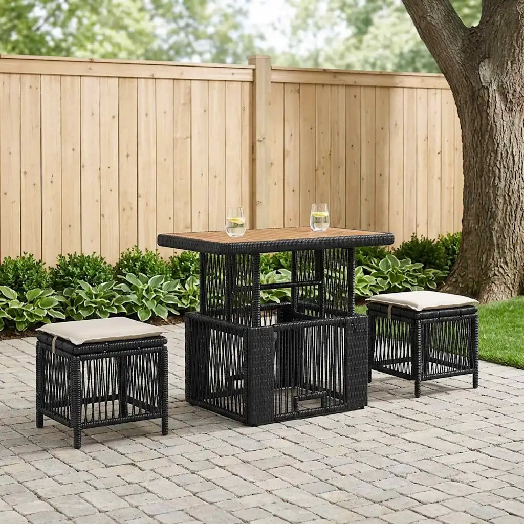 Set da Pranzo per Giardino 3 pcs Nero e Crema polyrattan 42026750