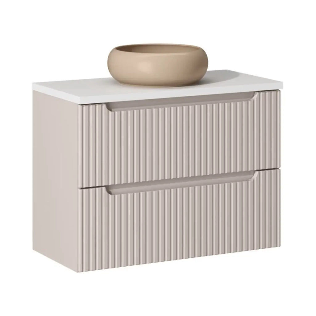 Insieme VANO cachemire e bianco 80cm: mobile sotto lavabo con cassetti + piano per lavabo + lavabo da appoggio rotondo marrone cappuccino