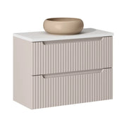 Insieme VANO cachemire e bianco 80cm: mobile sotto lavabo con cassetti + piano per lavabo + lavabo da appoggio rotondo marrone cappuccino