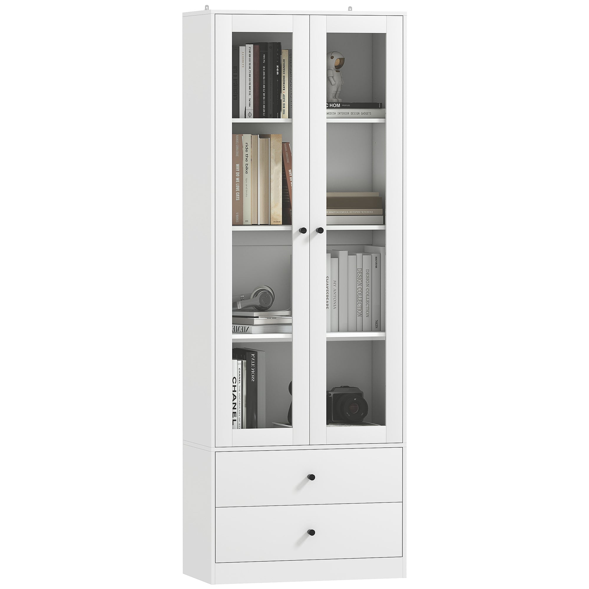 Credenza Cucina 59x30x164 cm Ante in Vetro e 2 Cassetti Bianco