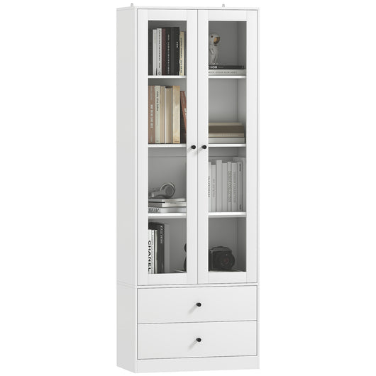 Credenza Cucina 59x30x164 cm Ante in Vetro e 2 Cassetti Bianco