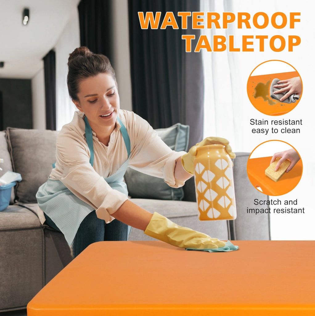 Tavolo pieghevole 125x61 cm arancione in plastica e ferro; altezza regolabile
