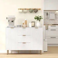Credenza Moderna con 3 Cassetti, 2 Armadietti e Ripiani Regolabili, Legno e Metallo, Bianco