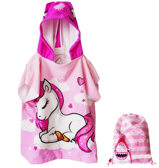 Poncho per Bambini con Cappuccio - Asciugamano per Bagno in Cotone - Disegno Unicornio - Adatto per Spiaggia/Camera da Bagno - Dimensioni 60x90 cm - Fibra Estremamente Fine - Asciugamano per Bagno