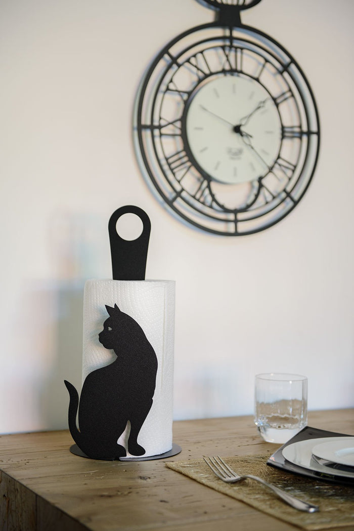 Porta rotoli Gatto nero da tavolo in acciaio, capienza 1 rotolo, design elegante per soggiorno e cucina, made in Italy