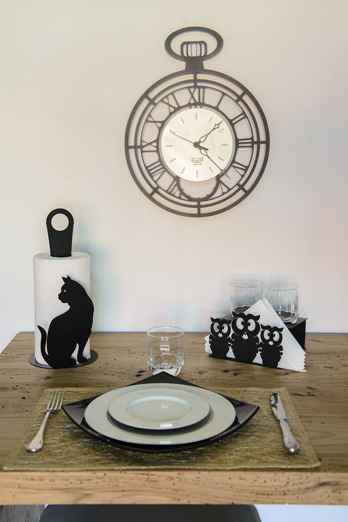 Porta rotoli Gatto nero da tavolo in acciaio, capienza 1 rotolo, design elegante per soggiorno e cucina, made in Italy