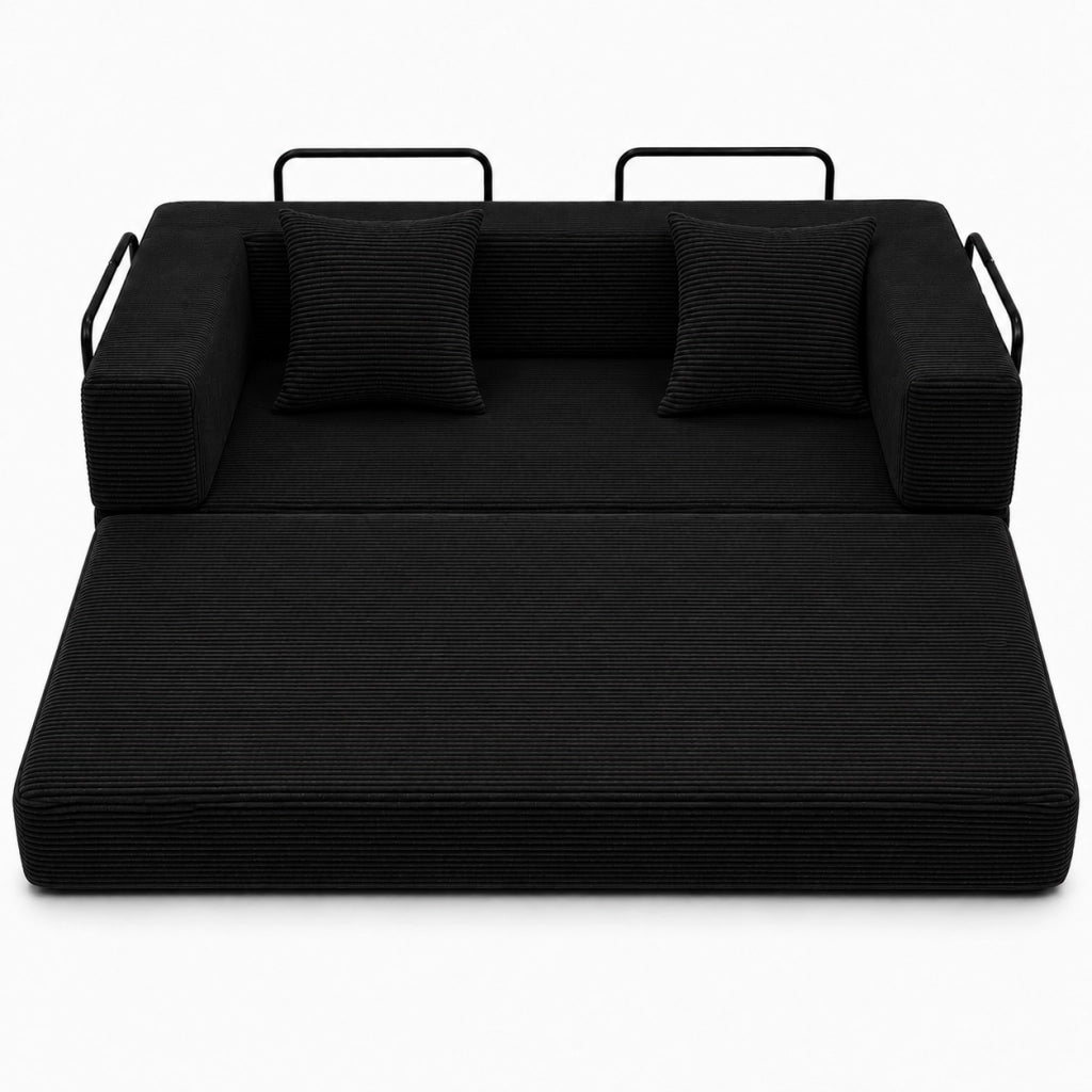 Divano letto pieghevole da pavimento con braccioli e schienale - in corduroy nero