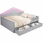 Letto con cassetti 140×200 cm; letto singolo con 2 cassetti; striscia LED; senza materasso; in legno massello e MDF; grigio