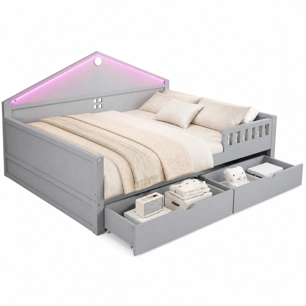 Letto con cassetti 140×200 cm; letto singolo con 2 cassetti; striscia LED; senza materasso; in legno massello e MDF; grigio