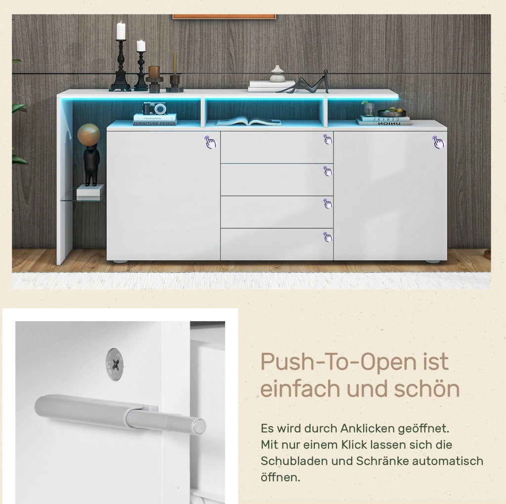 Credenza moderna con LED e USB, bianco lucido