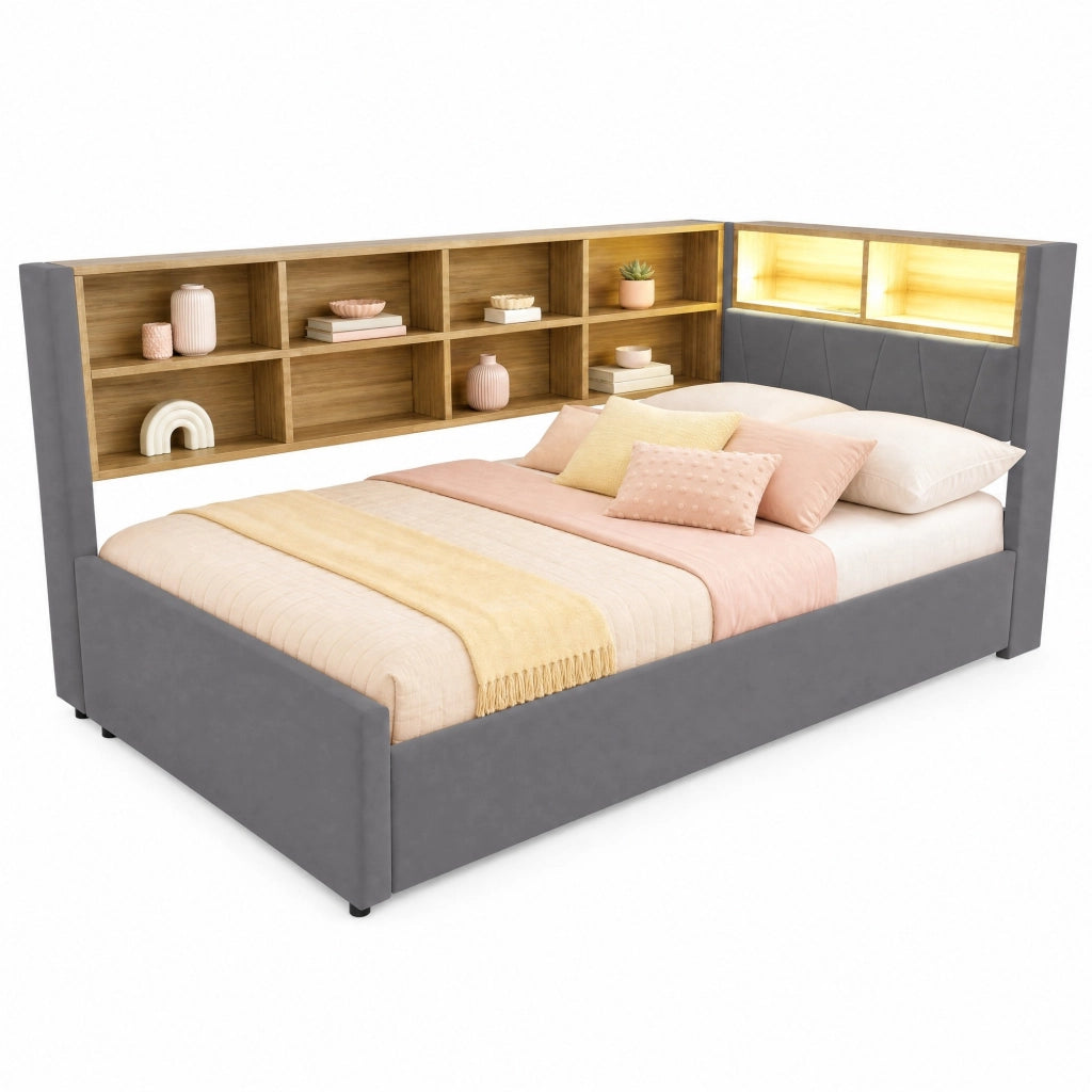 Divano letto multifunzionale 90x200 con letto estraibile 90x190, luci LED, prese di ricarica e vani contenitore, flanella, grigio scuro