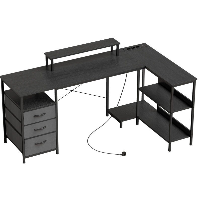 Scrivania angolare reversibile con cassetti e ripiani, 170 cm, nero