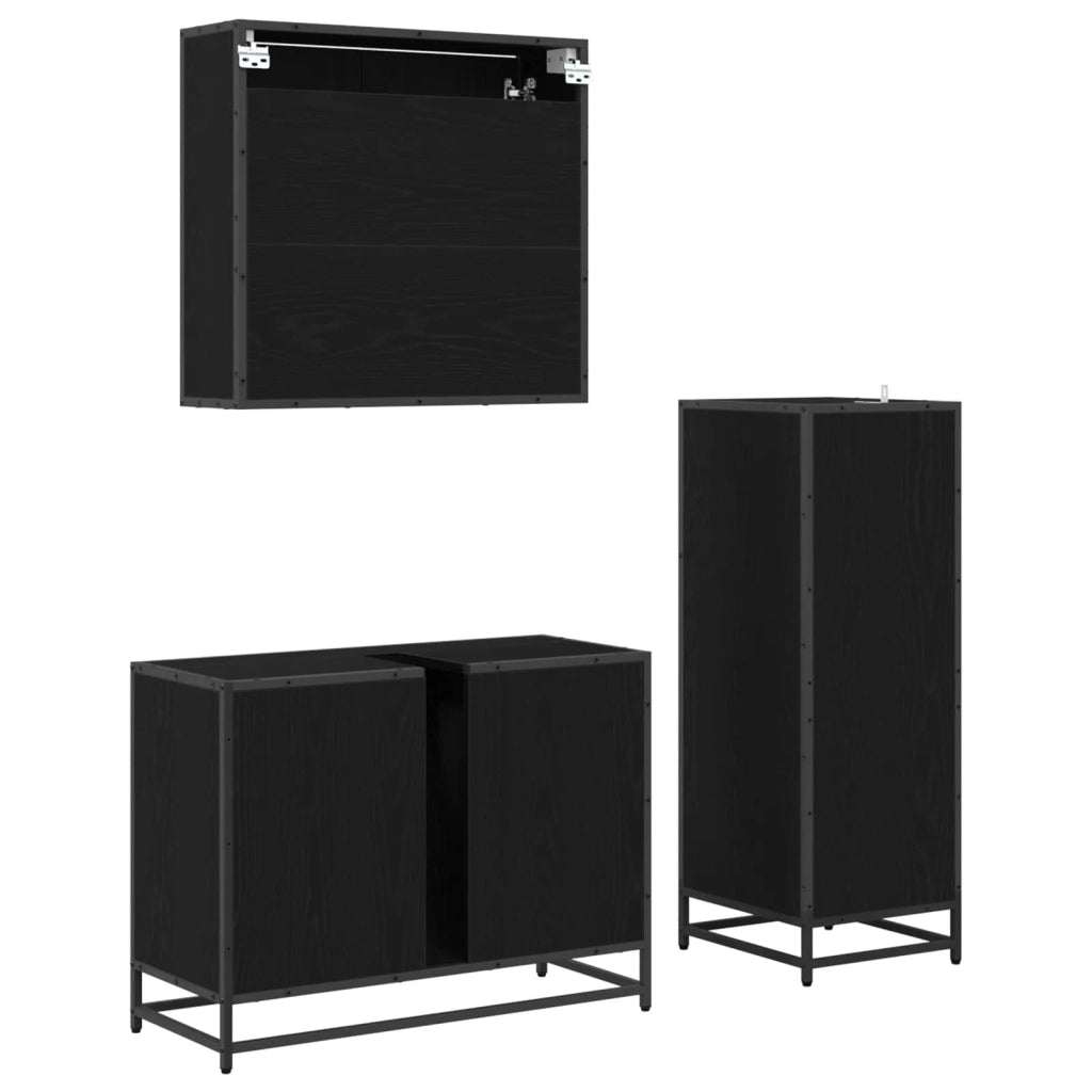 Set di mobili per il Bagno | Armadio da bagno 3 pz Rovere Nero Legno multistrato