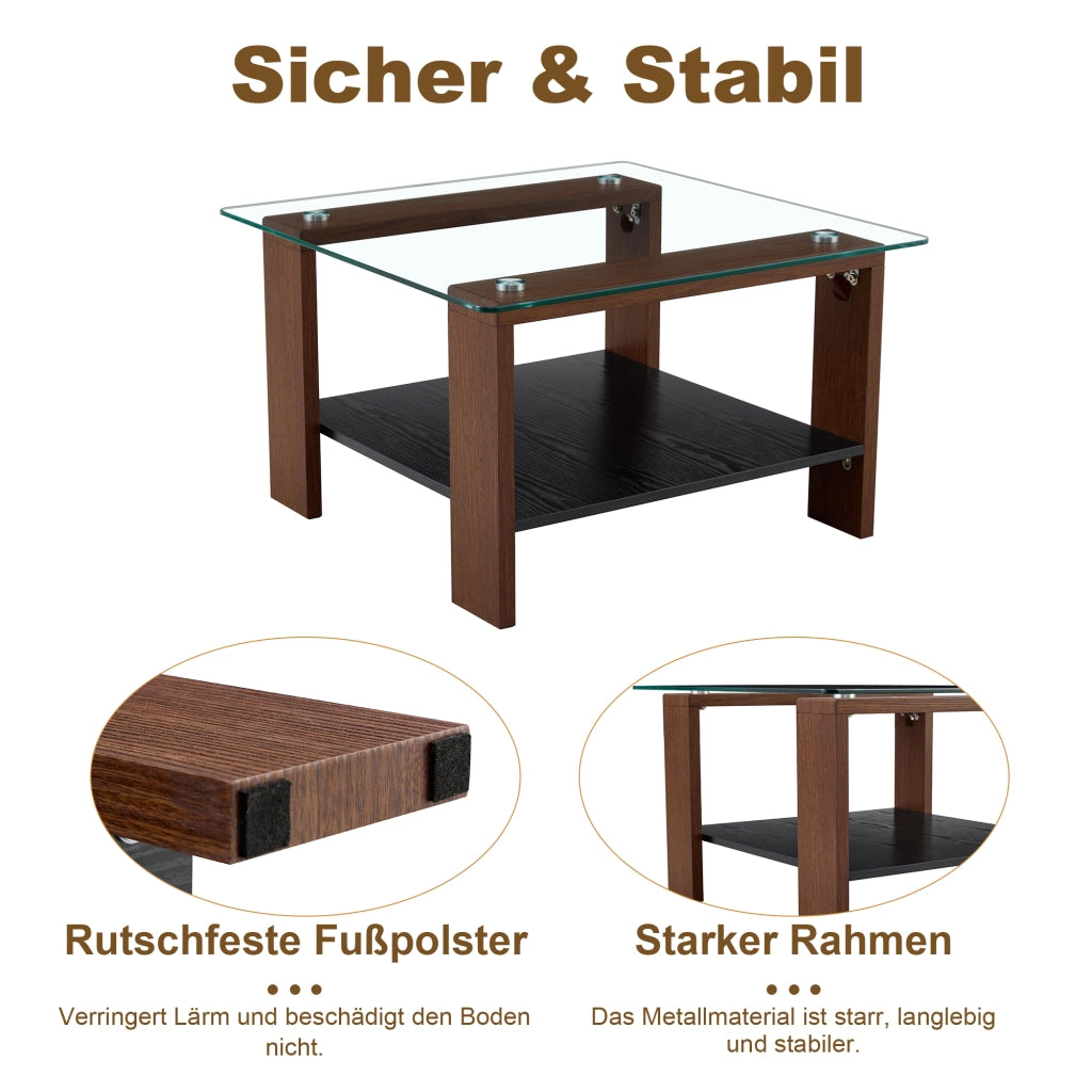 TAVOLINO DA SALOTTO con spazio contenitivo 65 x 41 x 45,5 cm vetro e MDF noce