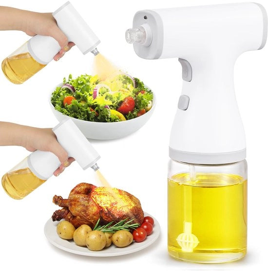 Elettro spray per olio da cucina 250ml, elettro spray per olio con due modalità di spruzzo e luce LED, caricabile via USB, spray per olio da cucina in vetro per cucinare, grigliare e air fryer, bianco