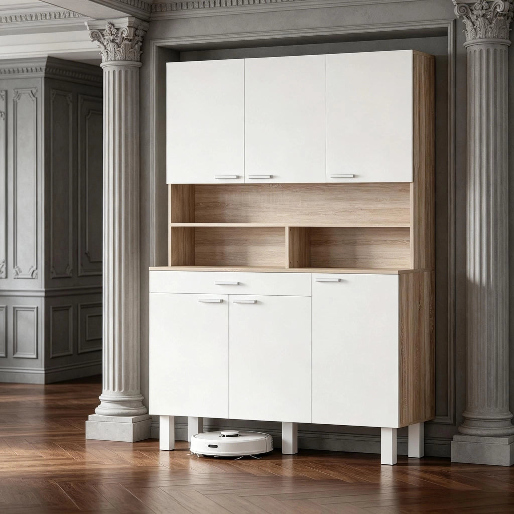 Credenza da cucina con 4 ante, cassetto e ripiano aperto, in truciolare e metallo, bianco naturale, 120 × 40 × 175 cm