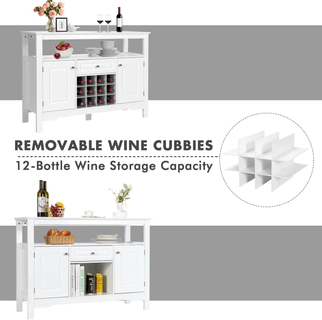Tavolo Portabottiglie, 2 Ripiani, 12 Bottiglie, Cantinetta con 1 Cassetto e 2 Ante, Portabottiglie per Conservare ed Esporre il Vino, 116x40x82cm, 3 Colori (bianco)