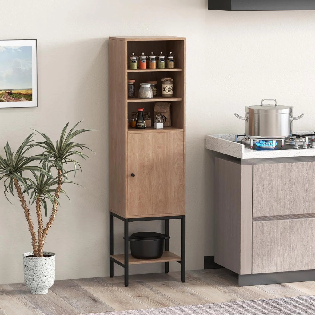 Armadietto da 146 cm di Altezza, Armadietto con Ripiani Regolabili e Ripiano Inferiore, con Supporto Metallico e Porta, per Soggiorno, Cucina e Ufficio, 38 x 30 x 146 cm (Legno)
