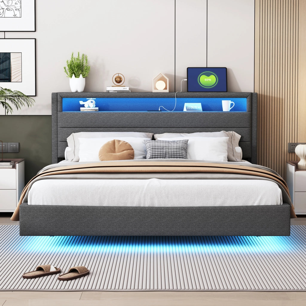 OKWISH Letto Imbottito 160×200 cm, Letto Matrimoniale con USB, LED Regolabile e Testiera Reversibile, senza Materasso, in Tessuto Grigio