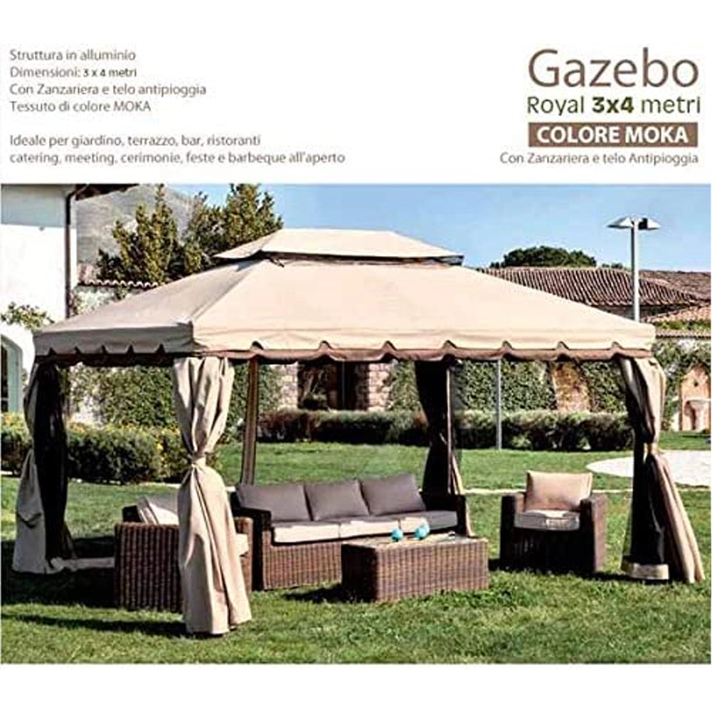 Gazebo Royal 3X4 Metri In Alluminio Impermeabile Zanzariera Antipioggia Moka