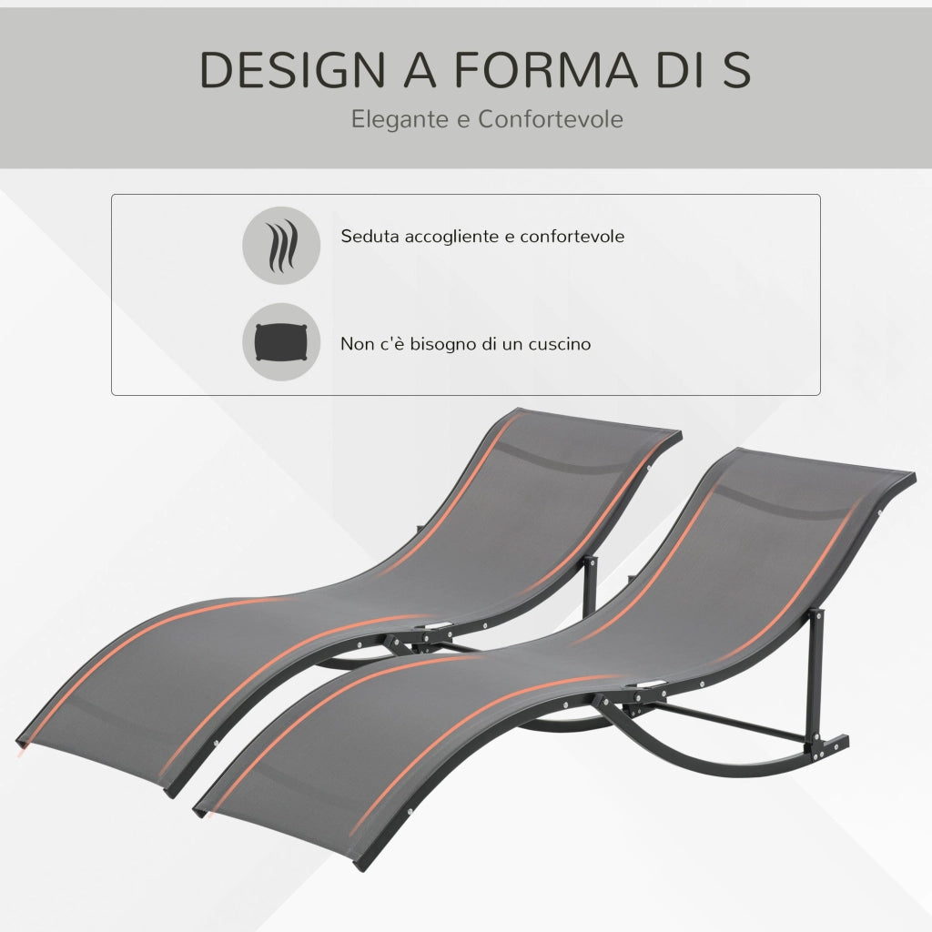 Set 2 Lettini Prendisole Pieghevoli 61x165x63 cm in Alluminio e Textilene Nero e Grigio Scuro