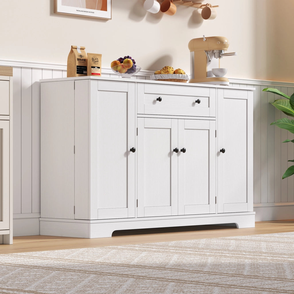 Credenza 138x40x85 cm Bianca con Cassetto; 3 Armadietti; Ripiani Regolabili e Portaoggetti sulle Ante