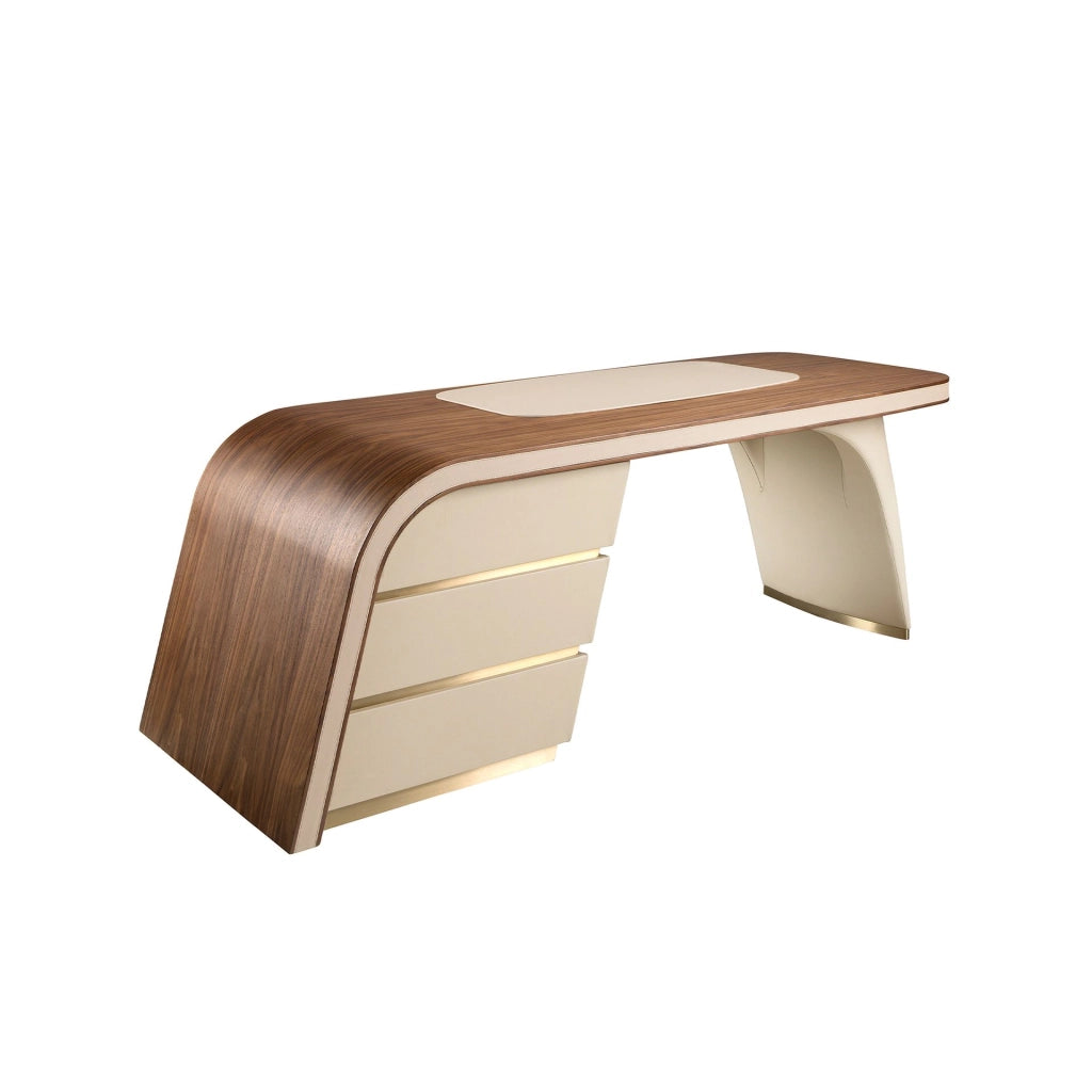Scrivania in noce e legno rivestita in similpelle crema