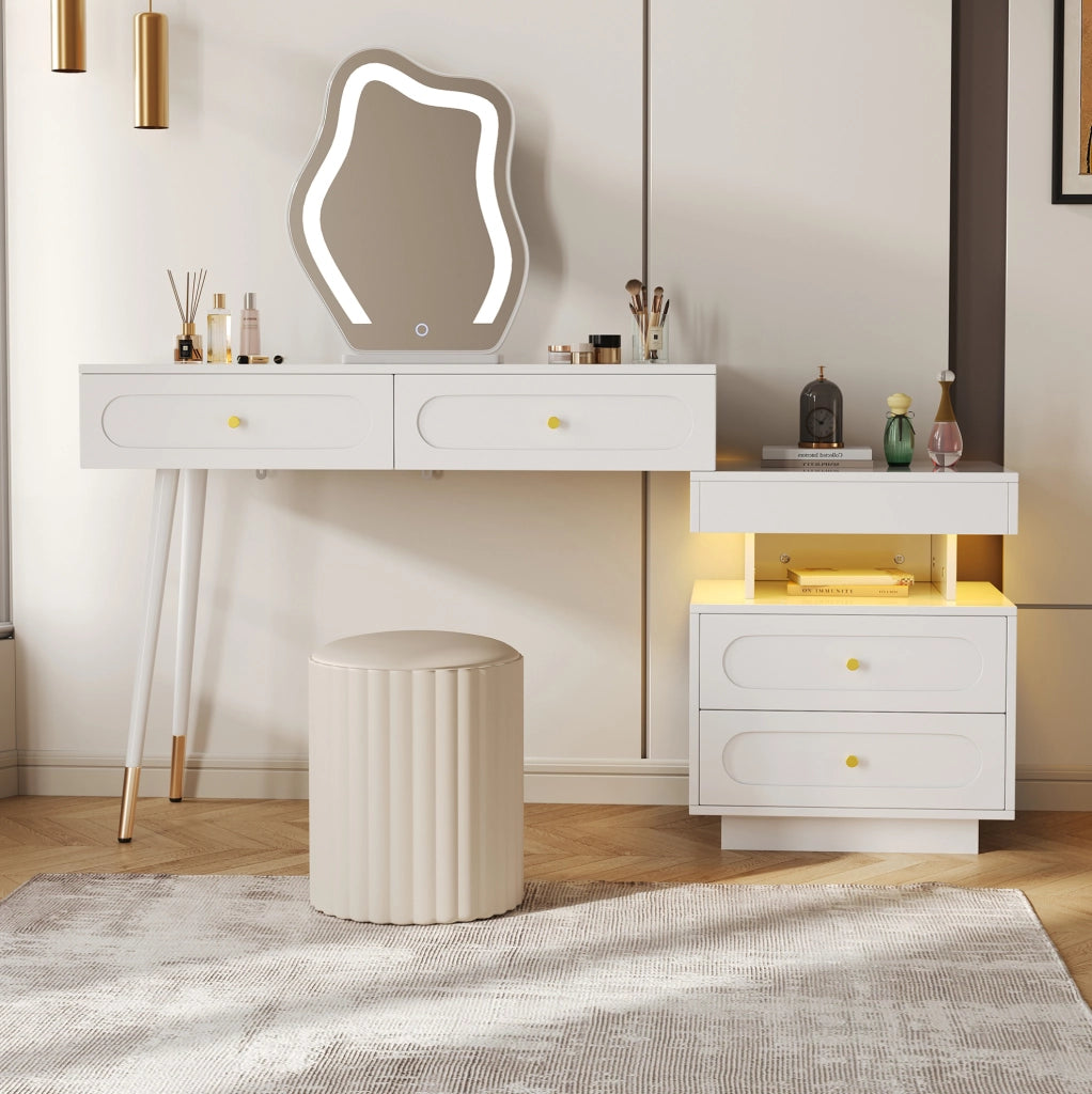 Toeletta con specchio LED; 4 cassetti e mobile laterale reversibile; 140x40x130 cm; bianco