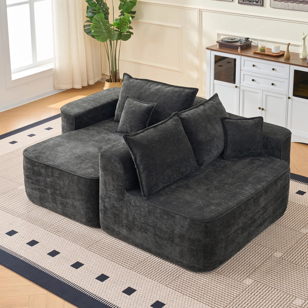 Divano Ad Angolo Modulare 3 Posti con Chaise Longue; Seduta Profonda; Senza Montaggio; Design Minimal in Ciniglia Nero
