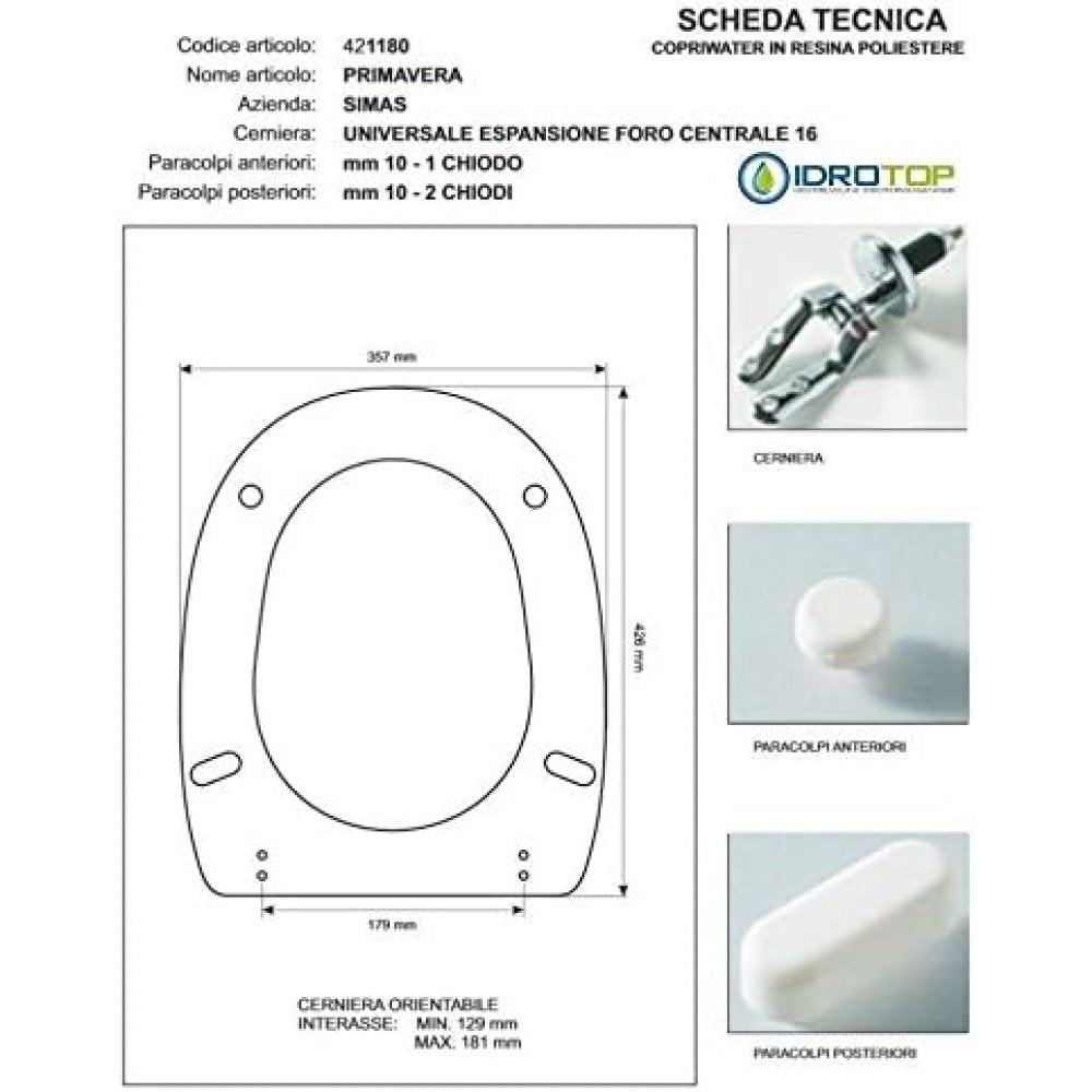 Copriwater simas primavera bianco cerniera cromo-sedile-asse wc