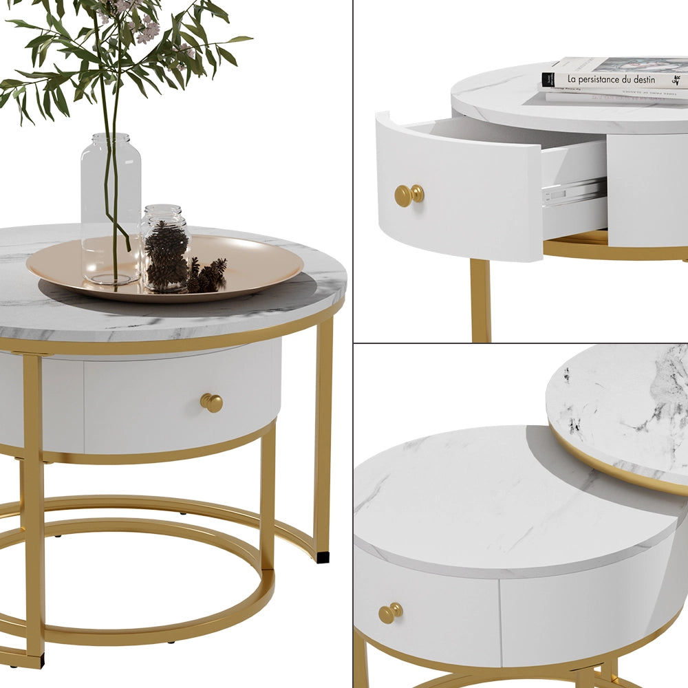 Vicco Set di tavolini Marmo bianco 70 x 70 cm , tavolino con cassetto