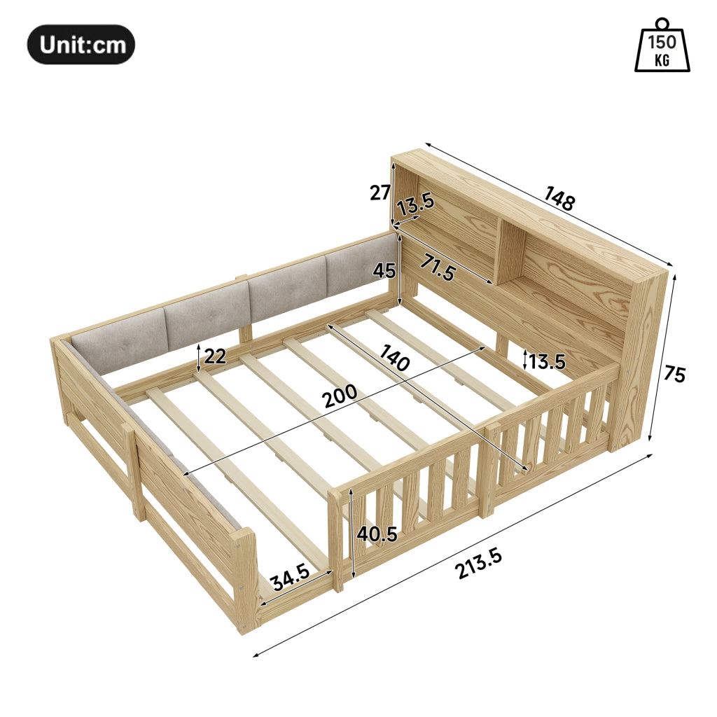 Letto per bambini 140×200 cm con testiera contenitore; sponde di sicurezza e LED; senza materasso; naturale