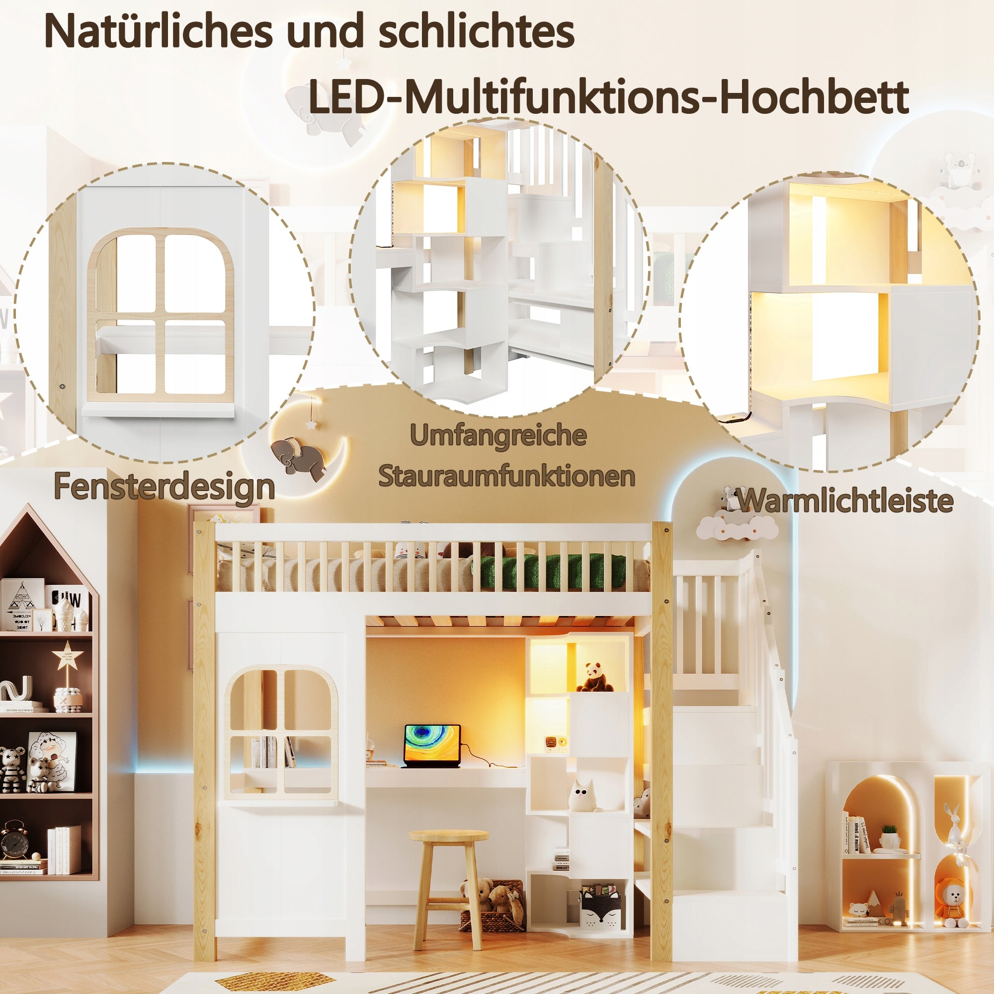 Letto a castello 90x200 LED con scrivania - Xylo - Bianco-marrone