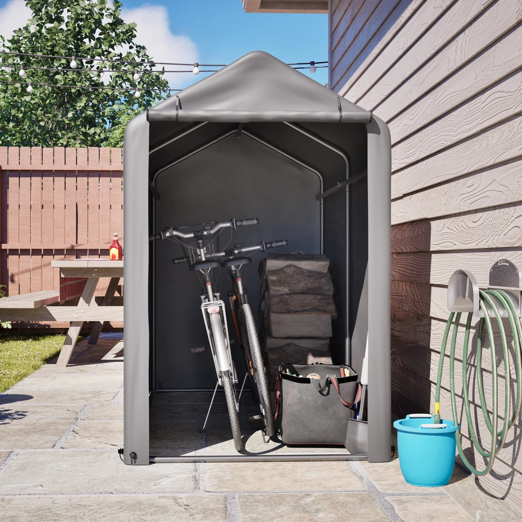 Garage Bici 187x100x160 cm Grigio Scuro con Telo PE 170 g/m², Telaio Nero e Porta con Cerniera