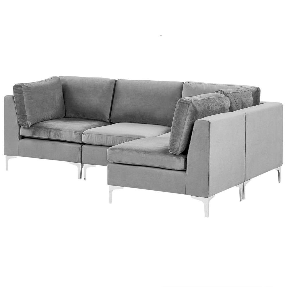 Divano ad angolo componibile versione sinistra a 4 posti in velluto grigio con gambe in metallo argento stile glamour