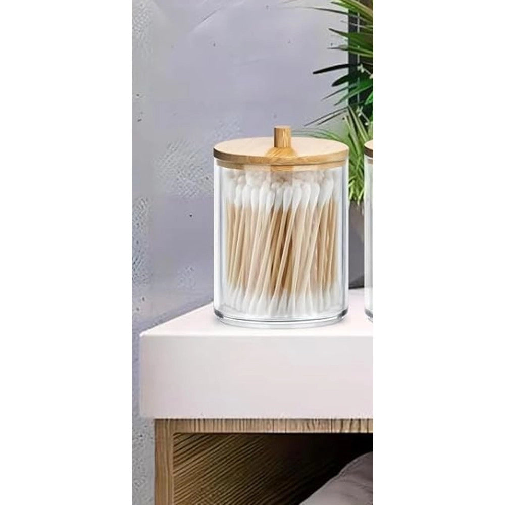 Trade Shop - Contenitore Porta Cotton Fioc Organizer Trasparente Con Coperchio In Legno 7.1x10.3cm 10821 -