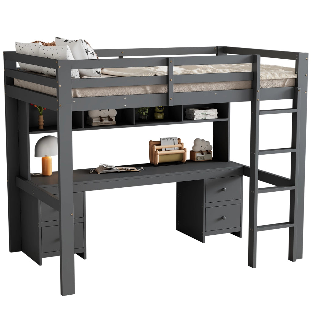 OKWISH Letto a soppalco 90×200 cm, Letto Singolo con Scrivania, 4 Cassetti, 4 Vani e Sponda Alta, senza Materasso, Grigio